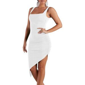 HOCILLE Women's Sexy Bodycon Tank  Sleeveless Ruched Midi Asymmetric Party dress